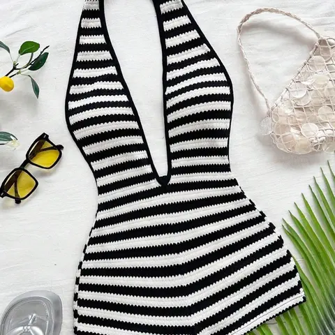 Women's Spring/Summer Fashion Striped Deep V-Neck Halter Sleeveless Shorts, Stretch Shorts Jumpsuit, Lightweight Comfortable Casual Elegance Jumpsuit for Beach Party Wear, Womenswear