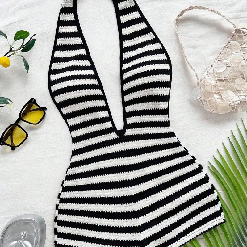 Women's Spring/Summer Fashion Striped Deep V-Neck Halter Sleeveless Shorts, Stretch Shorts Jumpsuit, Lightweight Comfortable Casual Elegance Jumpsuit for Beach Party Wear, Womenswear