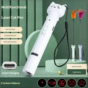 Multi-Function Cat Teaser Wand With Laser & Feather, Rechargeable Interactive Cat Toy With 5 Laser Patterns, Detachable Feather With Bell, Type-C Charging Wand For Indoor Cats, Daily Enrichment Play For Kittens & Adult Cats
