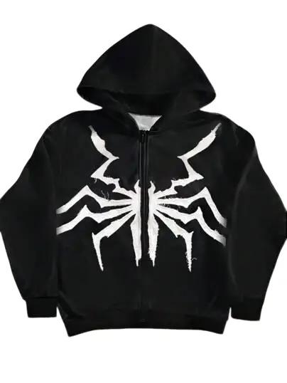 American Gothic Spider Patch Cloth Embroidered Hoodie Y2K Zipper Design High Men's & Women's Sweatshirt Tops Streetwear Menswear Long Sleeve Casual Oversize Baggy Loose Pullover Black Oversized Graphic Print All Oversized Christmas