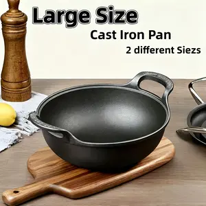 Cast Iron Wok With Wooden Lid, 7.87/12.6 Inch Cast Iron Skillet, Uncoated Deep Frying Pan, Stainless Steel Frying Pan, Kitchen Cookware With Dual Handles, Cooking Pan For Searing Steak & Baking, For Home Outdoor Use
