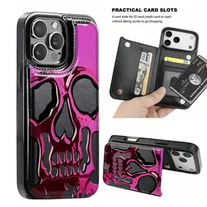 Skull Wallet Card Holder Phone Case, high-end leather suitable for iPhone 17/17air/16/15/14/13/12/11 Pro Max/16 Plus with credit card slot, cute design, compatible with Samsung Galaxy S22/S23/S24/S25 Ultra, A15 model resistant