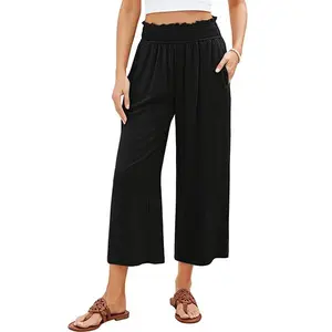 GRAPENT Texairon Linen Capri Pants for Women High Waisted Wide Leg Linen Palazzo Trousers Pull On Elastic Smock Waist Loose Flowy Pants SpringStatements
