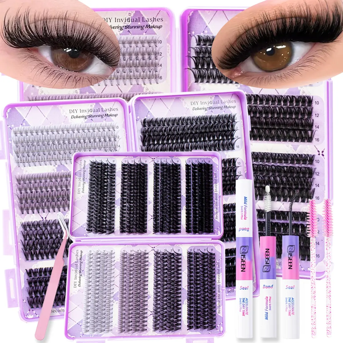 Long Curly Eyelash Cluster Set Individual Lash Clusters 10D-100D DIY Eyelash Extensions Kit for Beginners, Cluster False Eyelashes, Diy Personal Lashes, Multiple Lengths, Includes Bond &Seal &Eyelash Tweezers &Brush