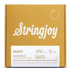 Stringjoy 11-52 12-String Super Light Gauge Brights - 80/20 Bronze Acoustic Guitar Strings
