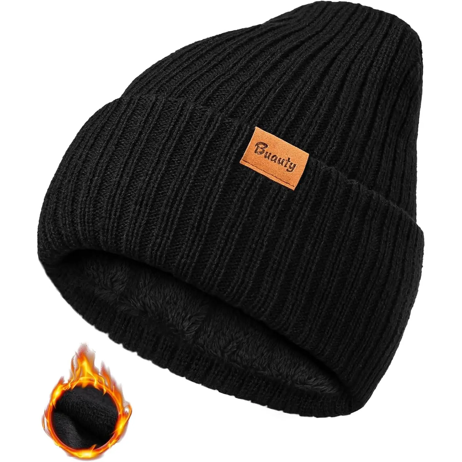 Beanie Hats for Men Women Fleece Winter Hat Chunky Knit Skull Stocking Caps for Guys Thermal Snow Hat Heated Cuffed Gift