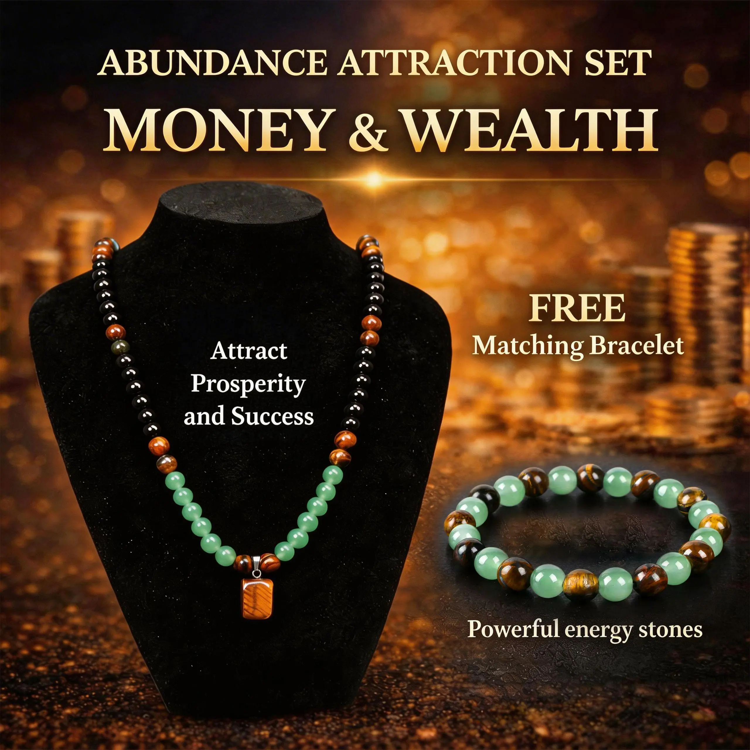 Veliora Gift Money Attraction Necklace+ Bracelet With Green Aventurine & Tiger Eye Pendant Healing Crystal Stone ，Anniversary, Vacation &Theme Parties Jewelry Charms Abundance Crystal bracelet，Long Chain，Sweater chain，Ideal Gift Jewelry for Men and Women