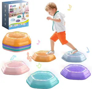 Holyton Light Up Stepping Stones for Kids, 5 Pack Musical Sensory Balance Toys with Rechargeable Batteries, Non-Slip Toddler Stepping Stones for Ages 3-8, Indoor Outdoor Play, Pink