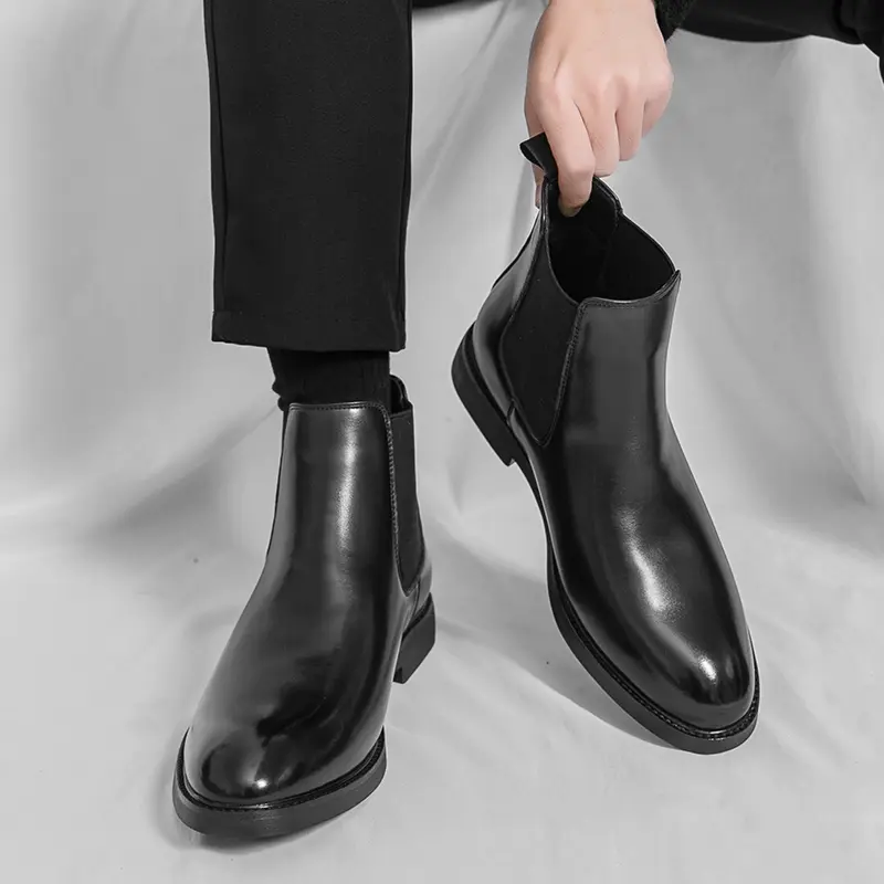 Mens Chelsea Boots Classic Black Leather Ankle Boots Slip On Elastic Performance Smart Casual Dress Shoes Clean Fit Aesthetic Trendy Streetwear Minimalist Style Comfortable Everyday Versatile Footwear Modern Wardrobe Essentials