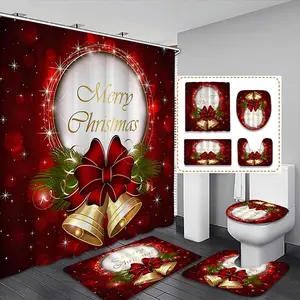 1/4pcs Christmas Bell & Bow Print Shower Curtain Set, Includes Bath Mat, U-Shaped Toilet Pad, Perfect Holiday Bathroom Decor Gift, Bathroom Decoration Accessories, Bathroom Supplies