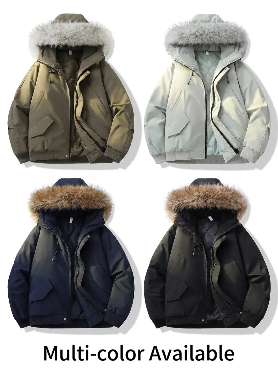 Men’s cropped hooded cotton workwear jacket with a large hood and baseball collar, thickened for winter warmth and wind protection