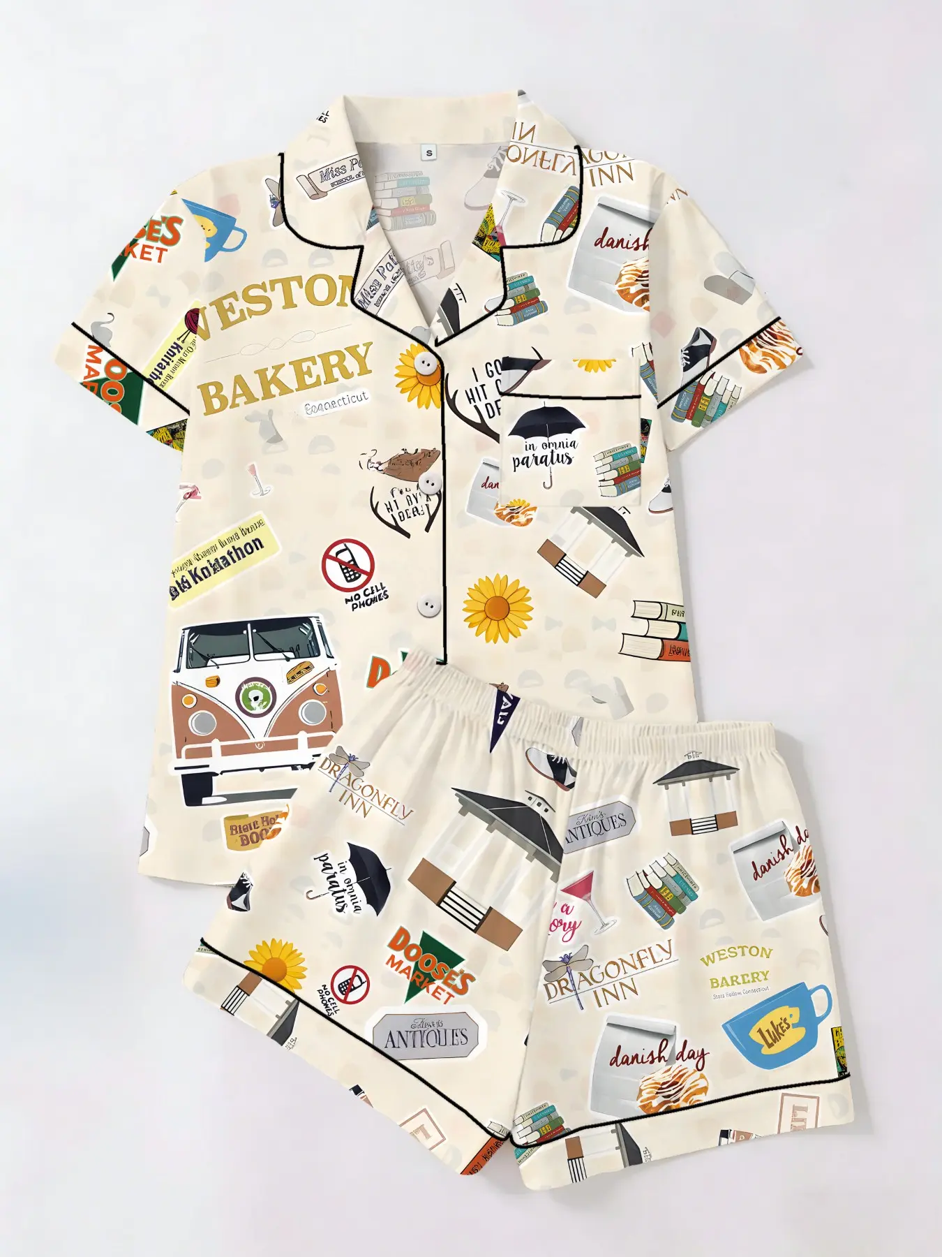 Cute American Graffiti Printed Fitted Sleepwear Set, Pyjamas Set, Short Sleeve T-Shirt & Shorts Cardigan Two-Piece, Casual Womenswear Home Wear Loungewear for All Seasons