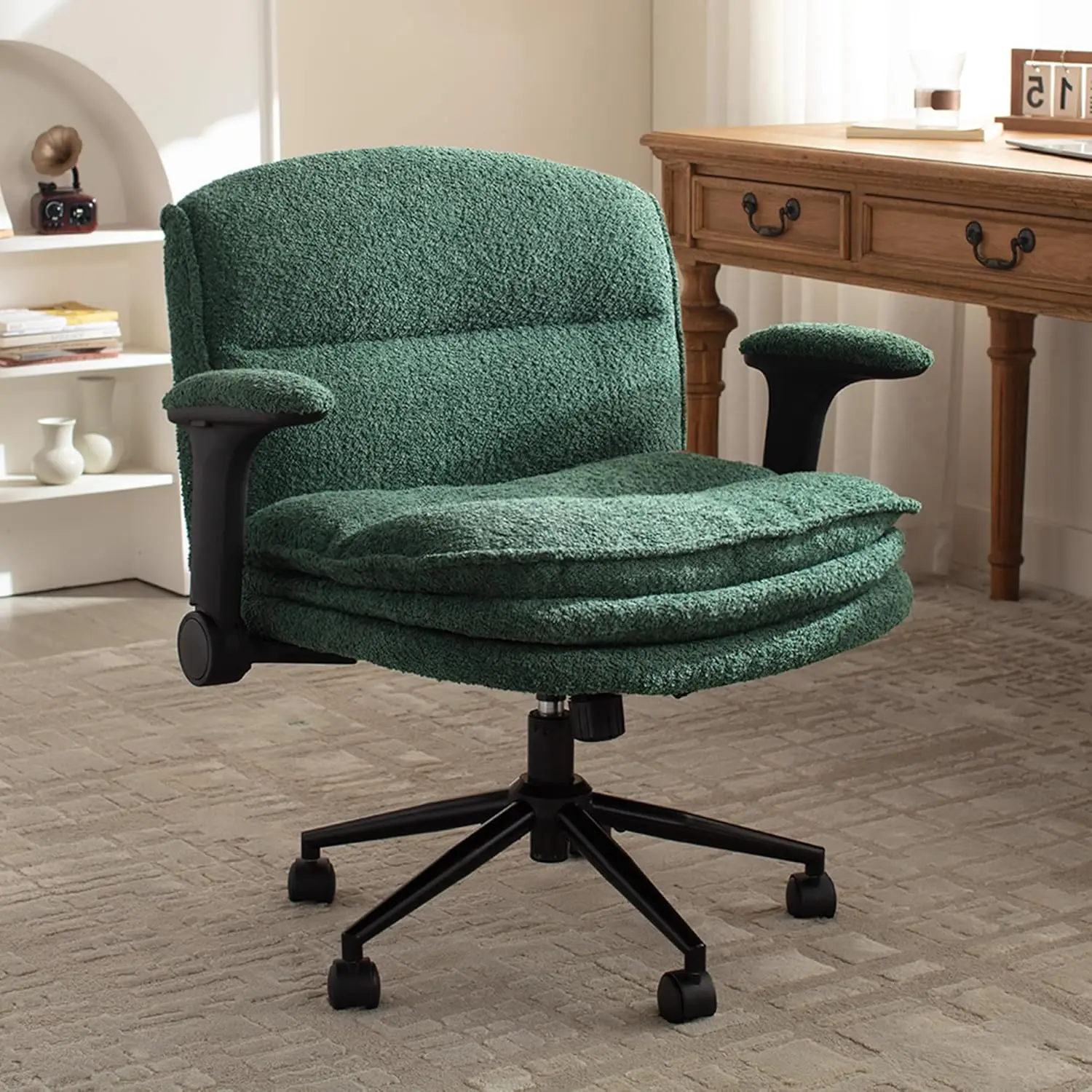 [DealsForYouDays] Extra Large Criss Cross Chair,  Oversized Chair with Adjustable Flip-up Arms and Wheels, Comfort Ergonomic Office Desk Armchair with 3 Layer Cushions, Wide Seat Vanity Chair for Home Office, Living Room, Bedroom
