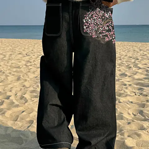 Men Raw Baggy Wide Leg Jeans, Floral Embroidery, with Pockets, Zipper Fly, Retro Style, Loose-Fitting, All Seasons, Y2K Hip Hop Streetwear