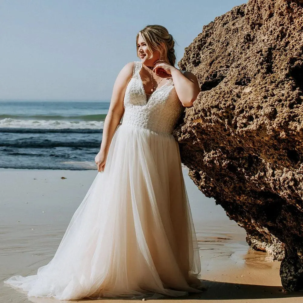 VIKTORIA Plus Size Formal Tulle A-Line Wedding Dress - Elegant Sleeveless V-Neck Gown with Lace-Up Back and Sweep Train, Elegant Dresses, Wedding Inspo, Classic, Tulle Fabric, Formal Wedding, A-Line Shape