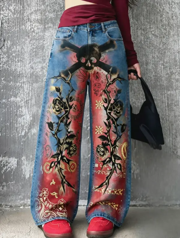 Women's Washed Denim Bottoms - Gothic Skull Crossbone Thorn Rose Paisley Red Spray Print, High-Waist, Wide-Leg, Loose-Fit, Unisex Vintage Casual Straight Trousers