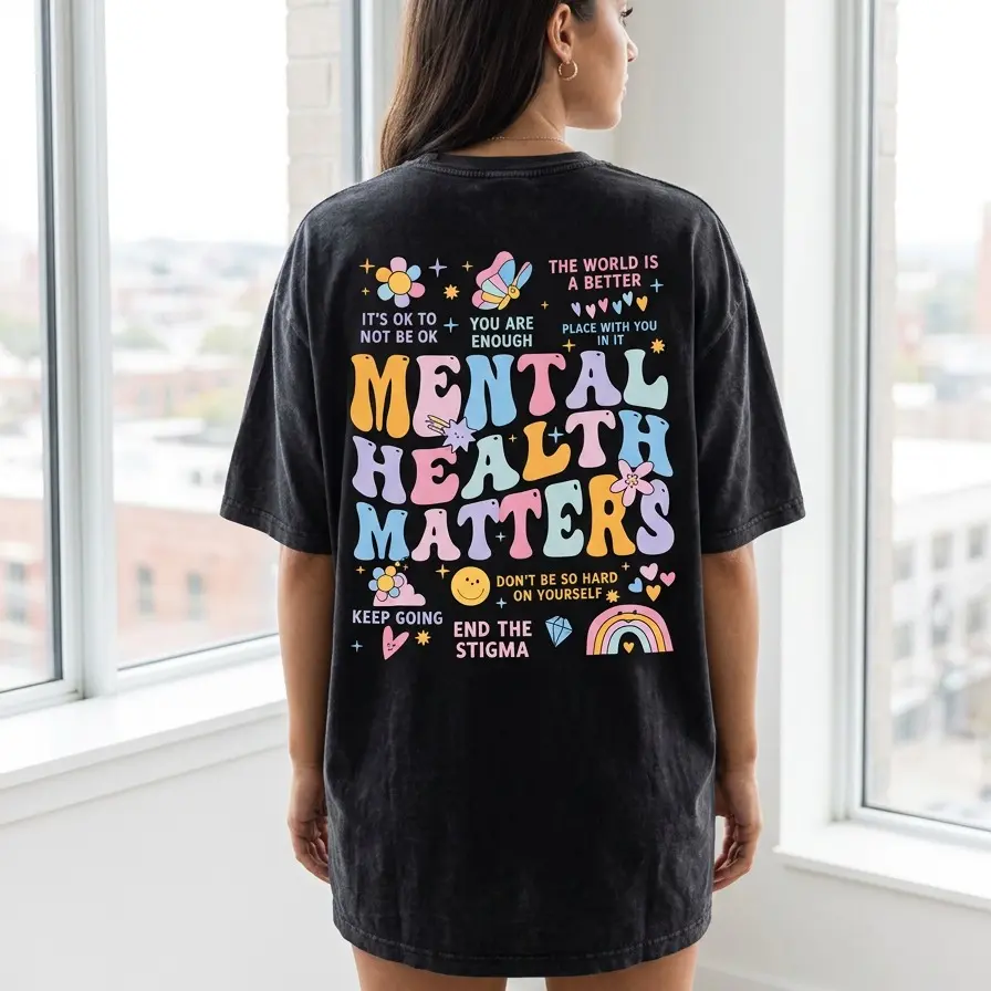 Mental Health Matters Be Kind To Your Mind Front Back Print Washed Cotton Crewneck T-Shirt, Positive Mental Wellness Casual Tee funny meme