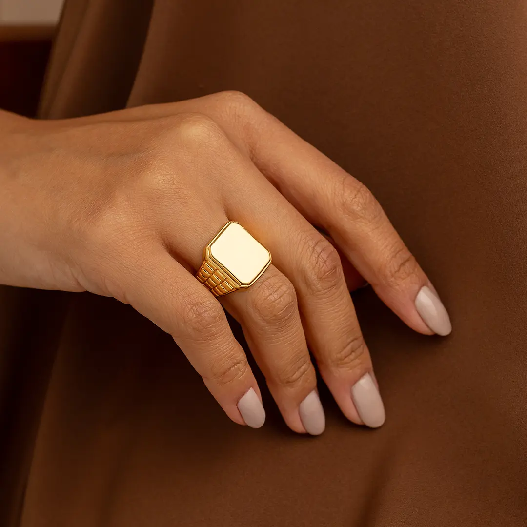 Women's 18K Gold Plated Square Watch Ring - Adjustable Wide Band, Minimalist Statement Jewelry Accessory Ring