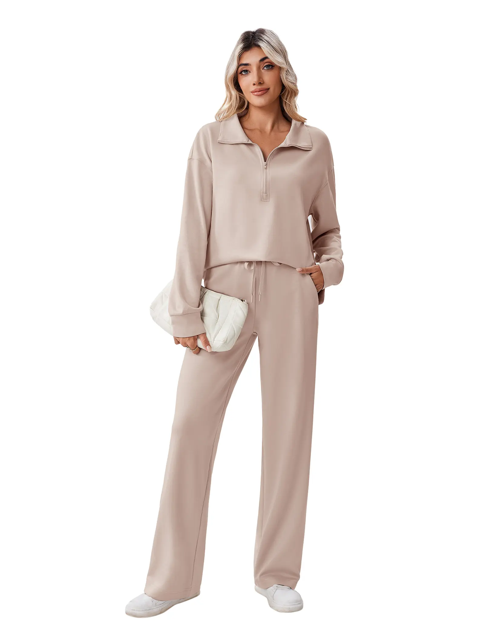 PINSPARK 2 Piece Sets for Women 1/2 Zip Sweatsuit Loose Fit Sweatshirt Straight Leg Pants 2025 Matching Outfit Fall Tracksuit tiktokshopbacktoschool