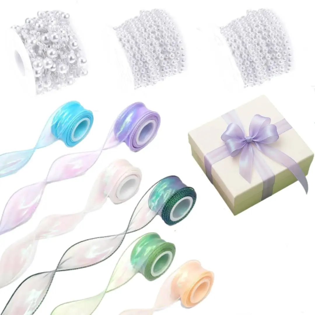 6pcs Colorful Sheer Chiffon Ribbons with 3 Pearl Strand Chains - Iridescent Organza Ribbons Trim & Embellishments for Gift Wrapping, Wedding Bridal Decor, DIY Bow Craft Supplies