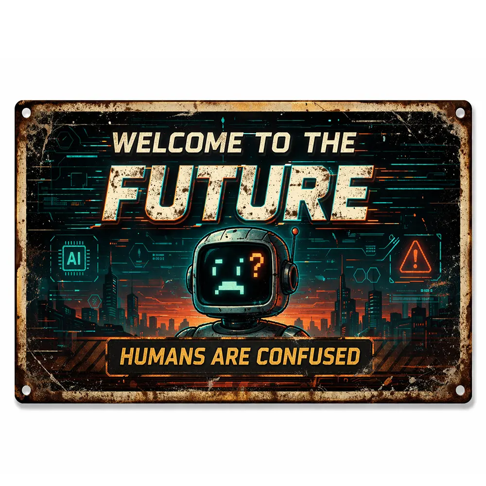 Welcome to the Future Humans Are Confused Funny Tin Sign, 8x12 Inch Vintage Metal Wall Decor for IT Office, Cyberpunk Programmer Gift, Weatherproof Retro Tech Aesthetic Room Poster