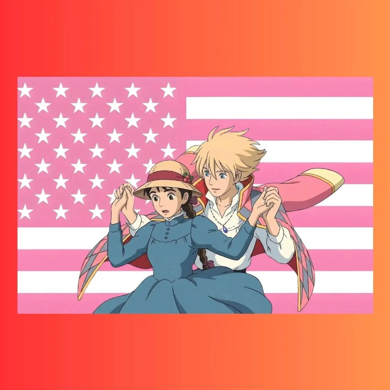 Howl's Moving Castle Pink American Flag Tapestry | Studio Ghibli Anime Wall Art | Howl Sophie Fan Flag | Dorm Decor | Gift