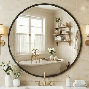 36-Inch Round Wall-Mounted Mirror, Made Of High-Quality Aluminum, With a Clear And Bright Mirror Surface, Equipped With a Convenient Hook,Black.