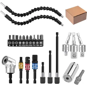 24 count Flexible Drill Bit Extension Set, 105?Right Angle Drill Attachmen, Rotatable Joint Socket 1/4 3/8 1/2 Inch Hex Socket Adapter Socket  with a Box (Black)
