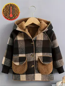 Boys' Fall & Winter Plaid Hooded Long Sleeve Fleece Jacket, Warm Thickened Outerwear, Casual Fit, Clothing, Plaid Print Coat