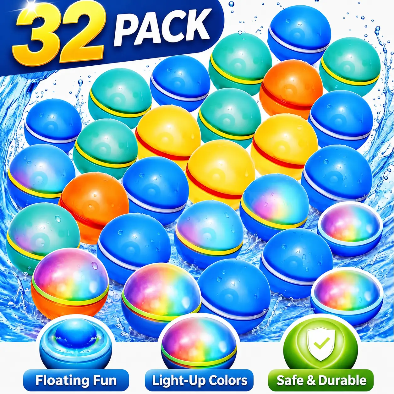 Reusable Magnetic Water Balloons, Quick Fill Self-Sealing Splash Balls 32 PACK, Soft Silicone Refillable Water Toys for Kids & Adults, Outdoor Party Games, Pool Party, Beach Fun, Water Slide, Backyard Water Fights, Birthday Gifts, 12/16/24/32/48 Pack