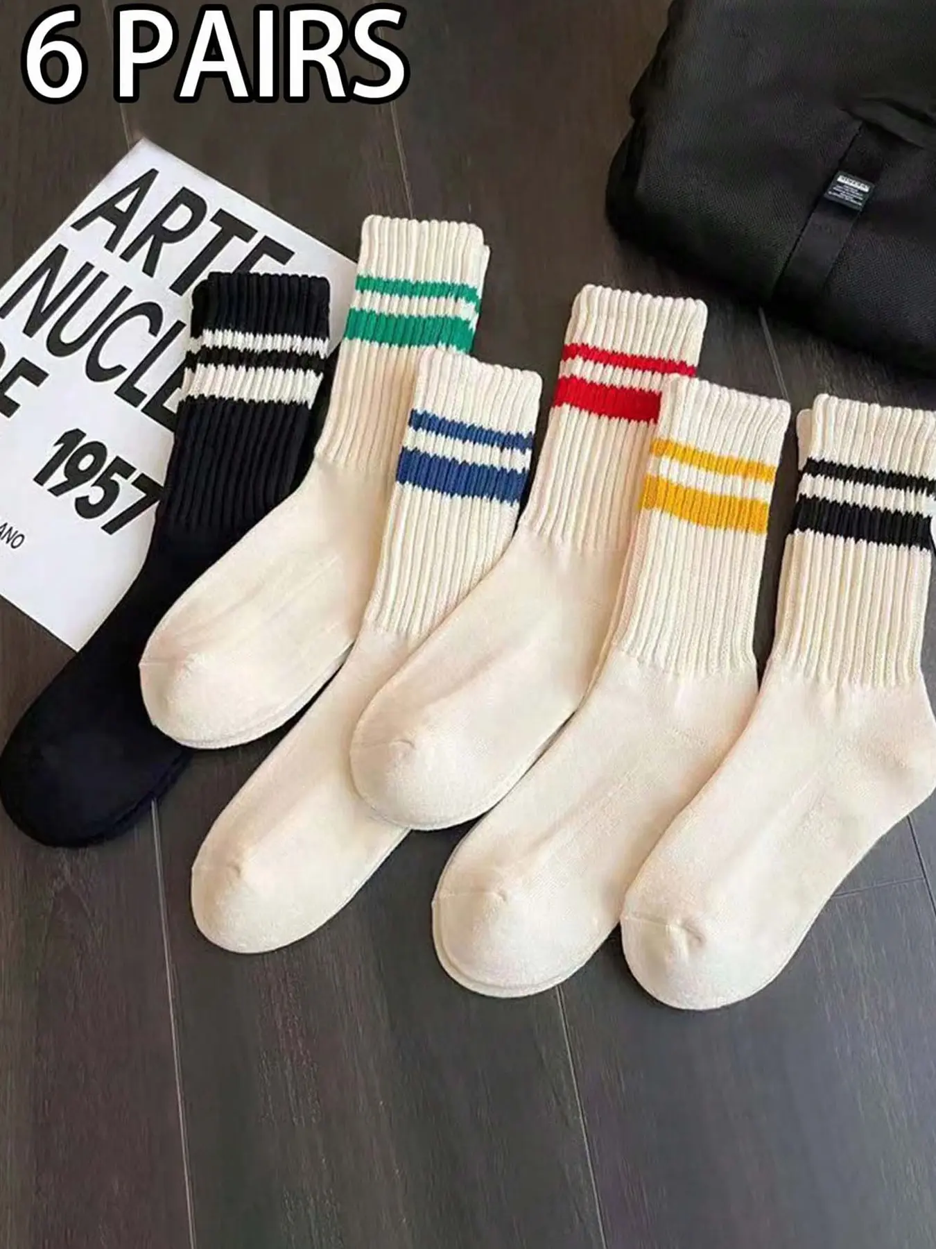 6 Pairs Colorful Striped Knitted Mid-Calf Socks, Fitted, Vintage Casual Style, Durable & Comfortable Activewear Athletic Socks, for Men Women Daily Wear & Light Sports