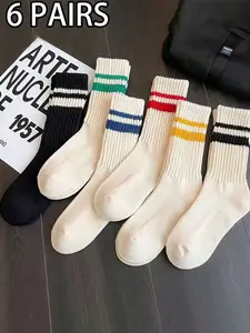 6 Pairs Colorful Striped Mid-Calf Socks, Fitted, Vintage Casual Style, Durable & Comfortable Activewear Athletic Socks, for Men Women Daily Wear & Light Sports