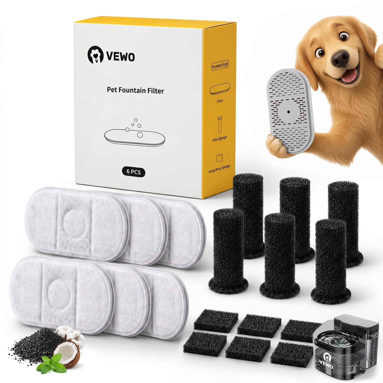 VEWO Replacement Filters for 11L Dog Water Fountain, 6-Pack Activated Carbon Pet Fountain Filters with Filter Sponges and Pump Sponges, Compatible with VEWO Large Dog Water Fountain,back to school