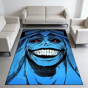 Horror Smile Face Blue Carpet Stone Ghost Pressure Rug, Home Decorative Rug, Dark Anime Theme Living Room Bedroom Mat, High Elastic Non-Slip Video Game Rug Gaming Room Decor Blanket