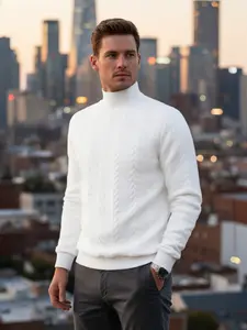 Men's solid-color jacquard high-neck knitted sweater, Knitwear, comfortable, warm and windproof, can be layered, regular fitted long-sleeved sweatshirt, suitable for autumn and winter wear, men's daily wear