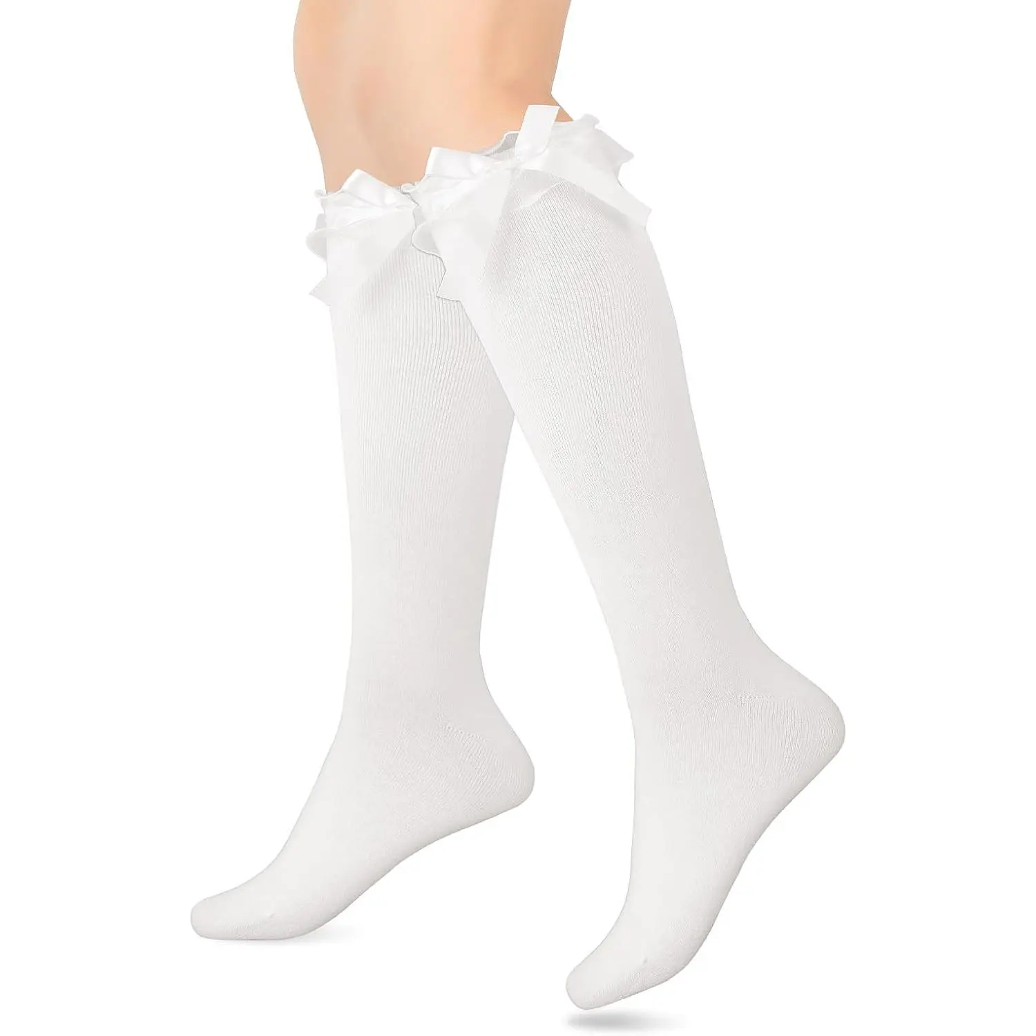 Cute Women's Cotton Bow Decor White Knee-High & Over-Knee Lolita Socks, Ideal for School & Dating (Party Supplies Gift Option)