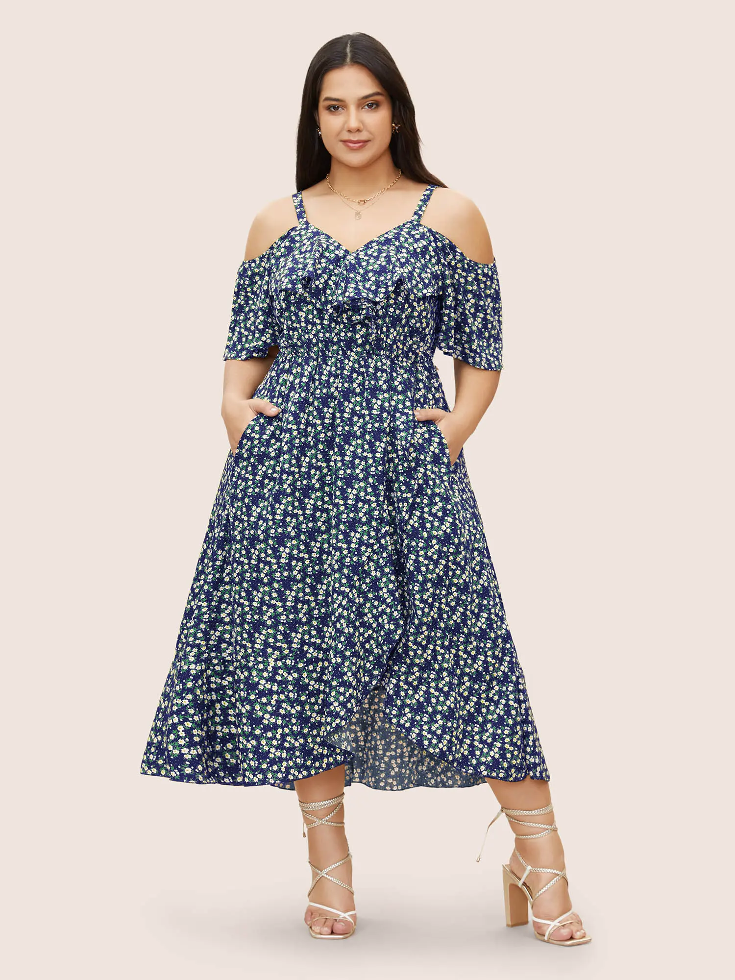 BLOOMCHIC Women's Poly-Spandex Blend Boho Casual Wrap Dress - 2026 Summer Ditsy Floral Print, Cold Shoulder Cutout, Short Sleeves, Pocket, Comfortable Fabric, Goddess Aesthetic, Ready-to-Wear, Iron-Smooth Look, Quick Iron Crisp, Garment
