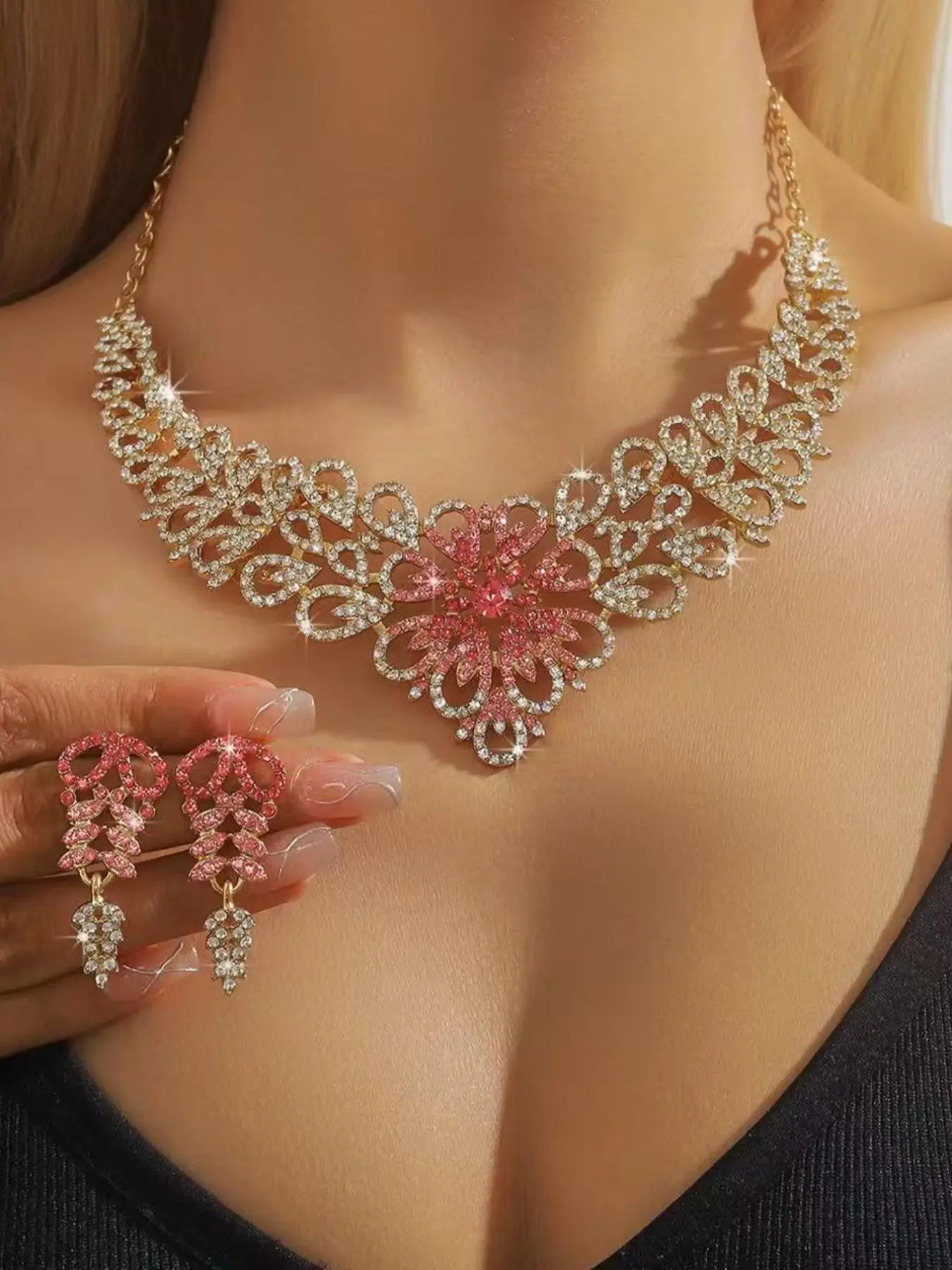 Vintage Flower Design Jewelry Set, Fashion Rhinestone Decor Necklace & Dangle Earrings for Party, Daily Decor, Trendy All-match & Exquisite Jewelry for Birthday Gift