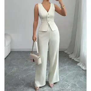 Women's Elegant Sleeveless Vest And Pants Suit Set, Business Commute Style, Summer