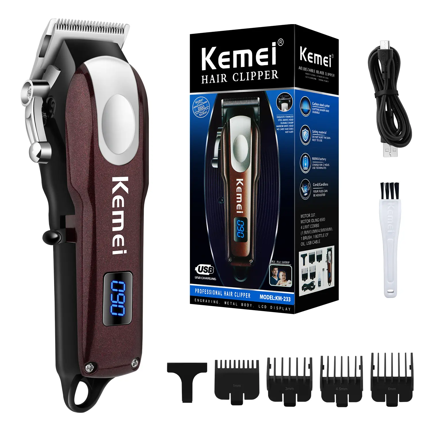 Kemei Electric Hair Clipper for Men, Cordless Rechargeable Clippers, Wireless USB Rechargeable, High Power Lithium Battery, Ideal Gift, Home Use, Cordless Hair Cutting, Hair Clipper Trimmer Km-233