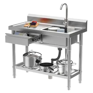 Explorinox Stainless Steel Utility Sink 39-Inch Freestanding Single Bowl with Drawer & Bottom Shelf Cold Hot Water Faucet Hose for Kitchen Laundry