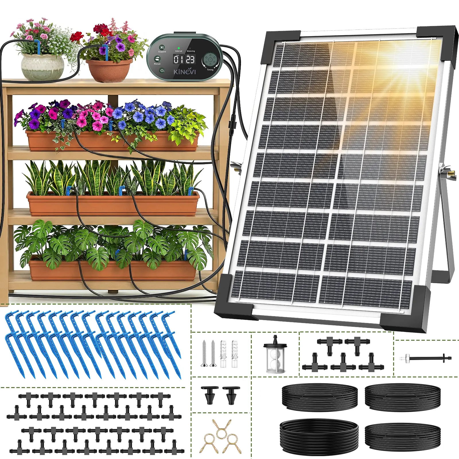 8W Solar Drip Irrigation System, Automatic Watering Kit for 30 Pots, HD LED Display with 22 Timing Modes, Anti-Siphoning, IPX5 Waterproof for Outdoor Garden & Balcony