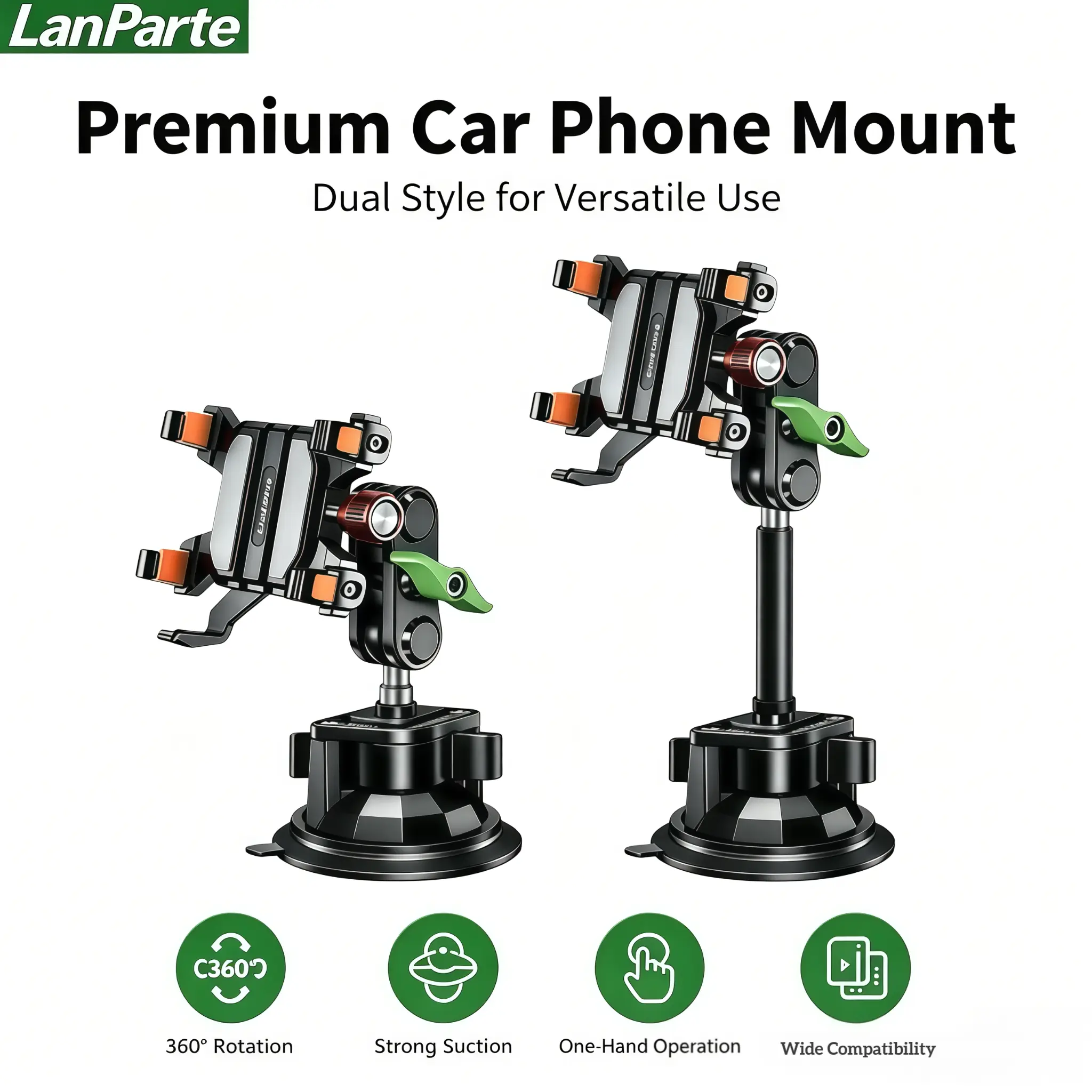 LanParte RBA-T01L 5-Claw Aluminum Alloy Metal Car Phone Holder - Extended Arm Vacuum Suction Cup, Heavy-Duty Design, 360° Rotation, Fits 6.1-7.2" Smartphones, Car Accessories for Driving Safety, Truck Commuters