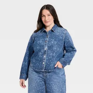 Womens's Long Sleeve Collared Easy Denim Shirt Bandana - Universal Thread Medium Wash 2X