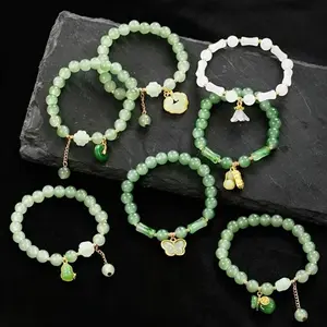 7Pcs Premium Green Jade Beaded Stretch Bracelet Set, Elegant Chinese-Style Auspicious Gold-Plated Accents, Traditional Healing Lucky Jade Jewelry Perfect Daily & Holiday Gift for Women,summervibes