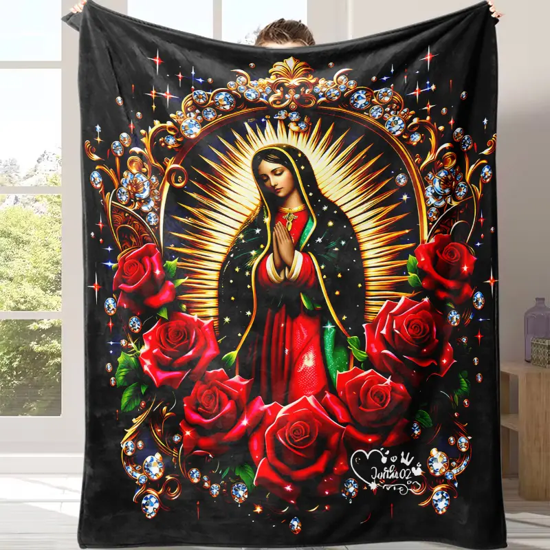 Our Lady Of Guadalupe Red Rose Diamond Fleece Throw Blanket - Virgin Mary Religious Gold Ornate Faith Art Flannel Blanket, Warm Indoor Home Decor for Sofa, Gift for Catholic Latino Believers, Women's Gifts, Womens Gifts