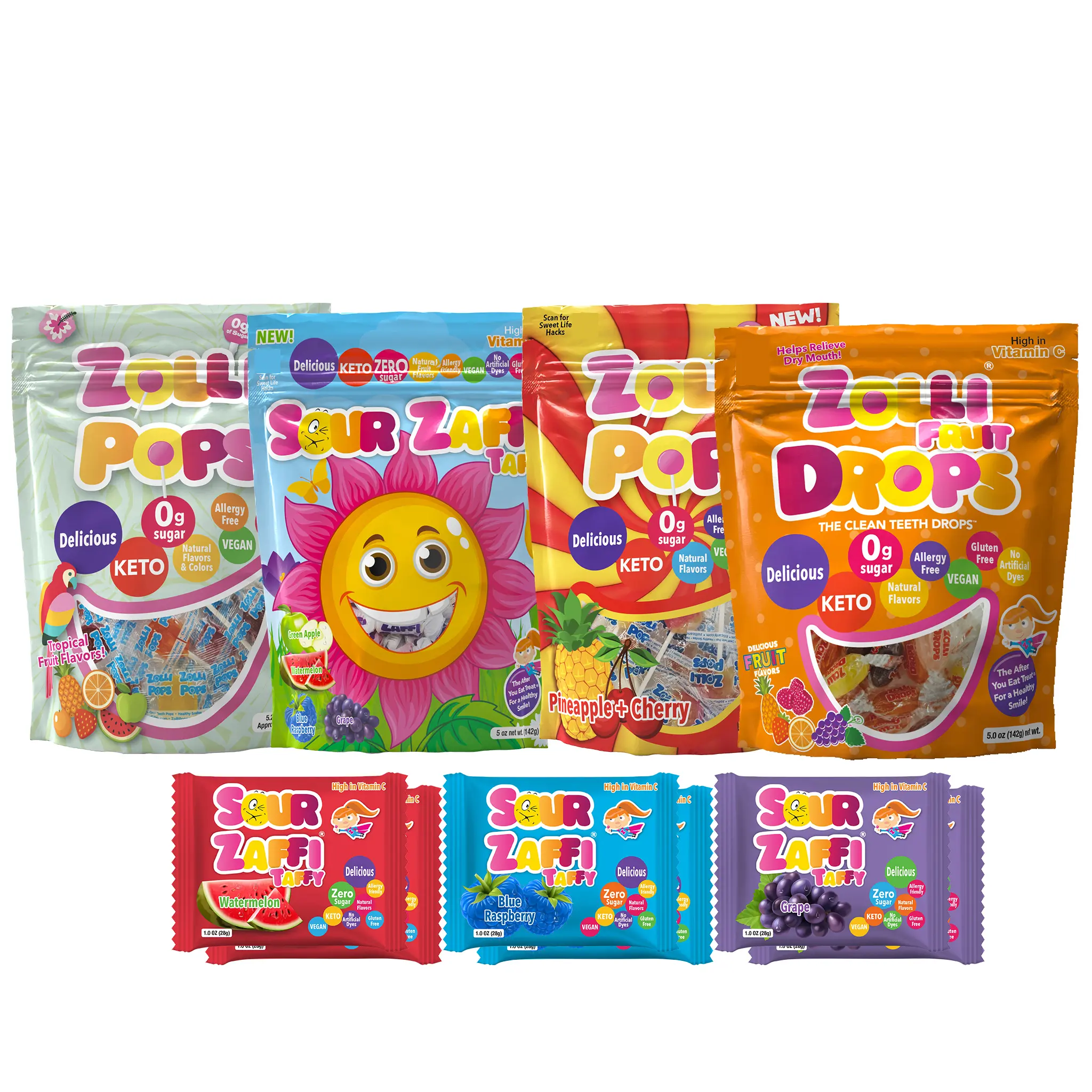 Zolli Candy Road Trip Ready - Lollipops, Drops, and Taffy - Zero Sugar, Allergy Friendly, No Artificial Dyes