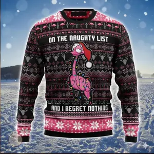 Funny Flamingo Ugly Christmas Sweater | Custom Holiday Pullover for Men & Women | Cute Pink Bird Winter Knit Sweatshirt | Festive Unisex Xmas Outfit Full Size S-6XL
