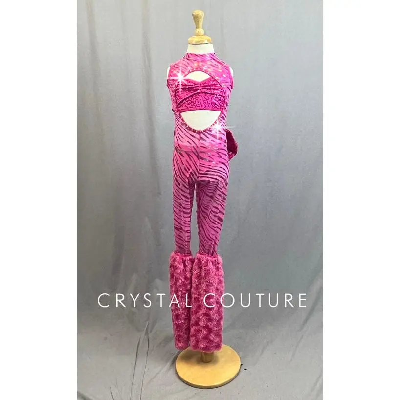 Custom Pink Panther Unitard with Fur Leg Warmers and Tail - Rhinestones