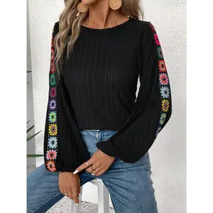 Women's Apricot Ribbed Knit Crewneck Top With Multicolor Crochet Floral Sleeve Trim Boho Long Sleeve Tee For All Seasons Casual Outfits